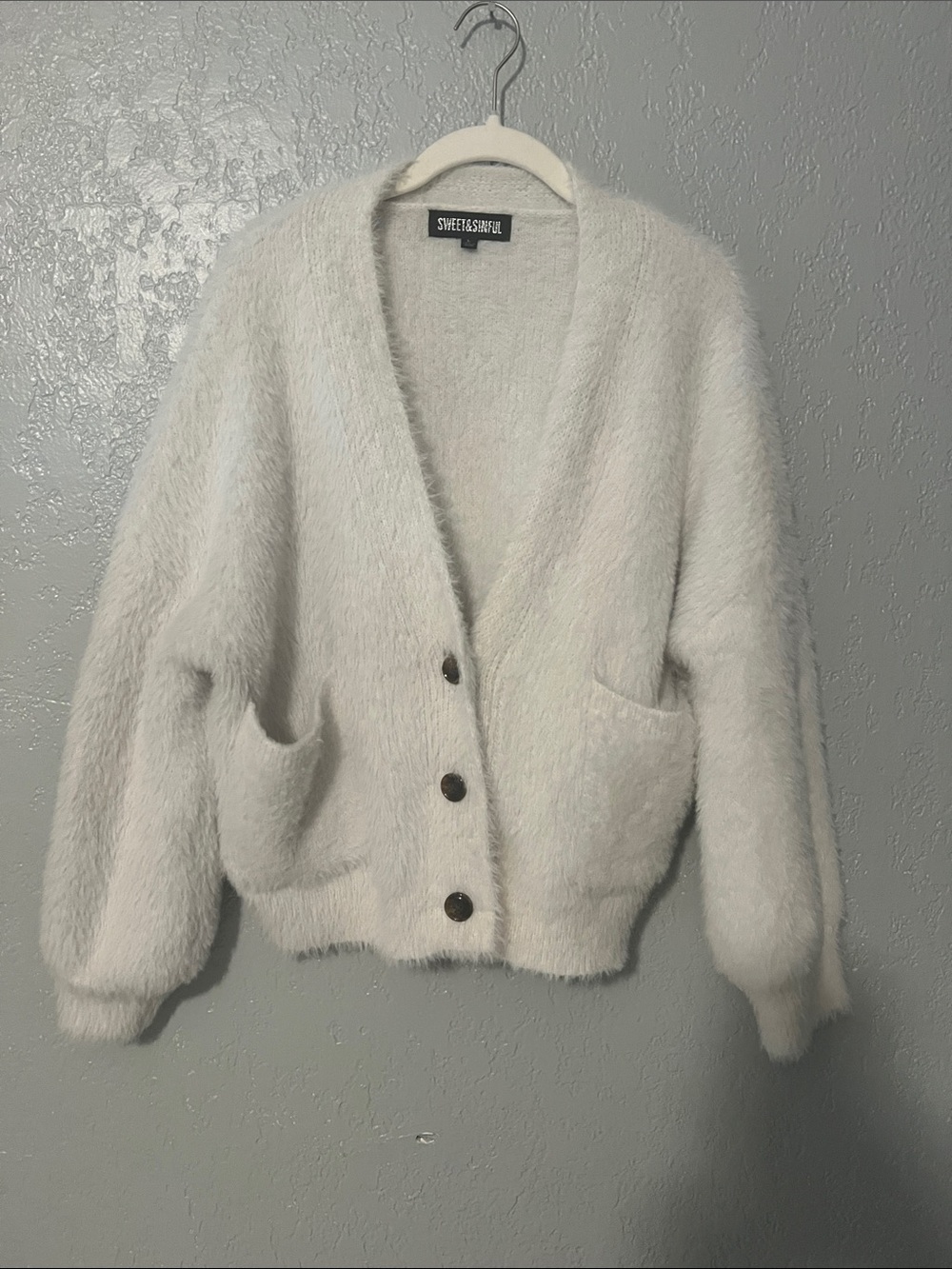 SWEET & SIMPLE Cozy Fuzzy Button-Front Cardigan Jacket in Off-White